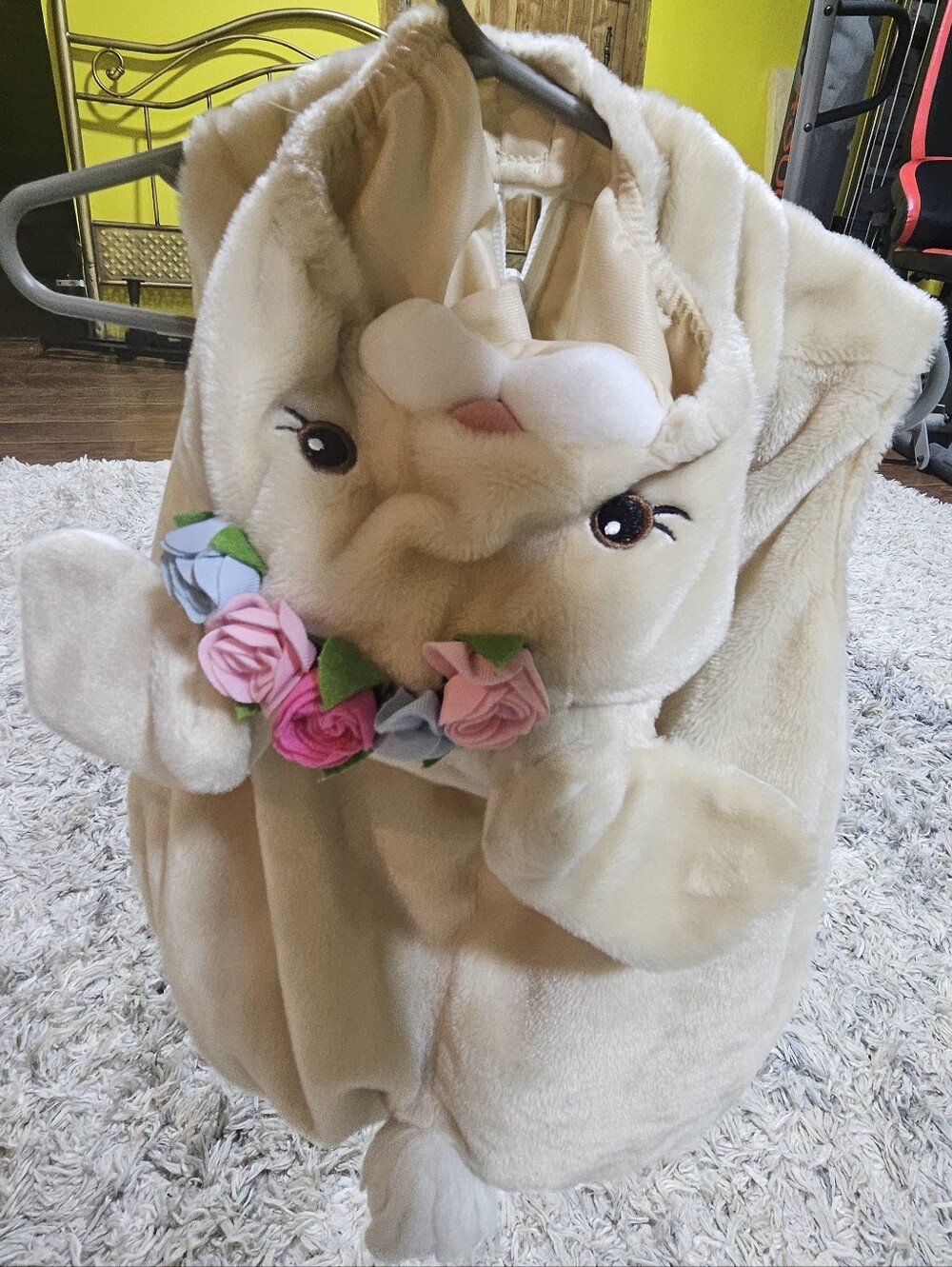 Plush Bunny Costume Hoodie for Kids - Cream with Pink Floral Accent
